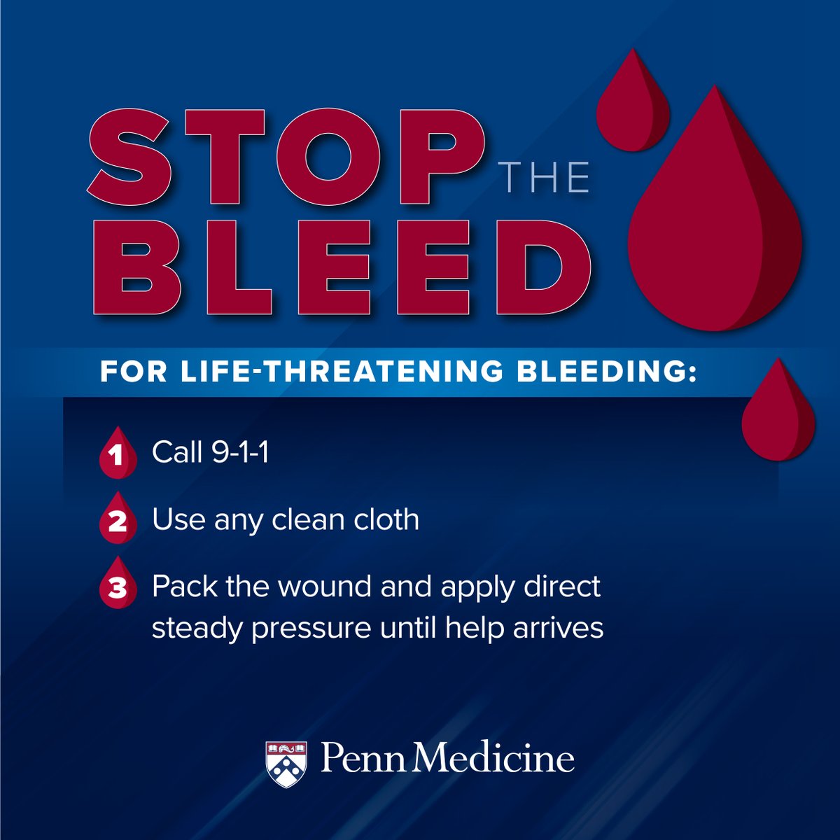 Because every moment counts during a bleeding emergency, knowing how to take immediate action is a vital skill that could save a life. Learn about bleeding control techniques at STOP THE BLEED training session hosted by the Penn Trauma Center. Sign up at spr.ly/6186OWsz0