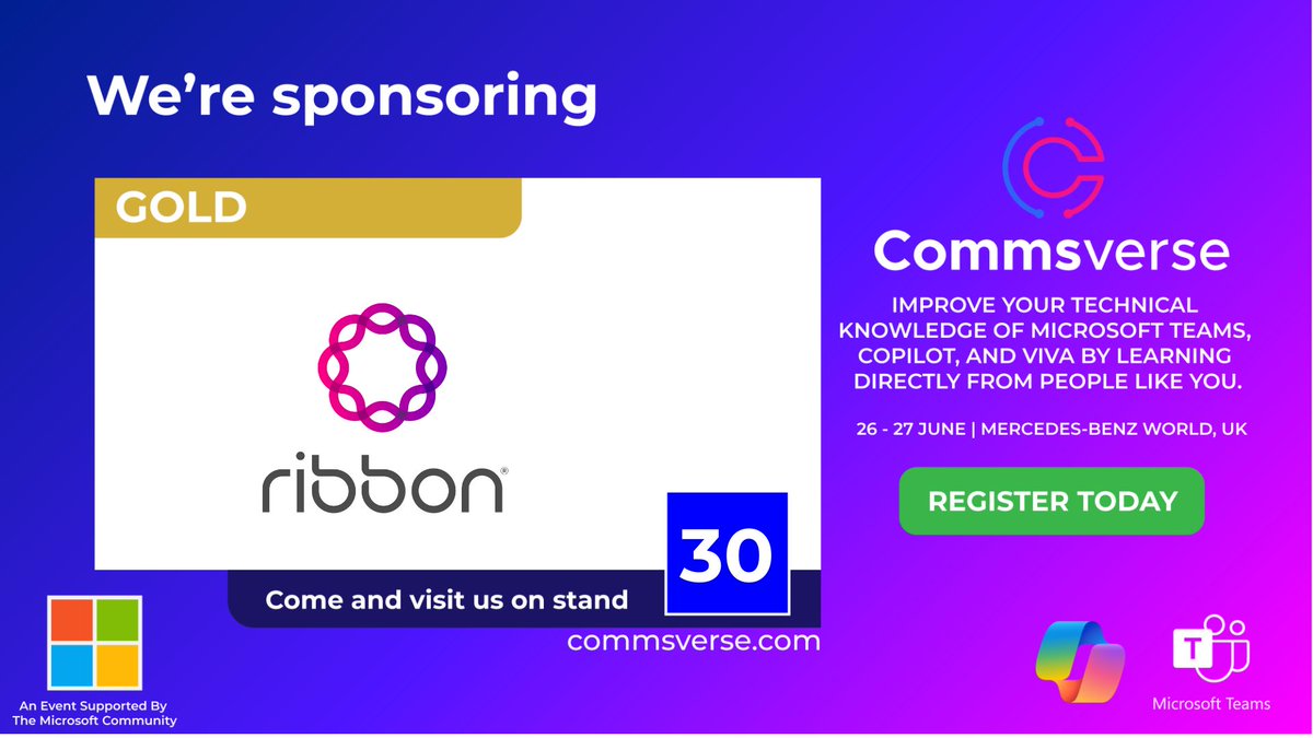 We're happy to announce @Ribboncomm as gold sponsors for Commsverse 2024! Ribbon helps businesses of all sizes modernize and secure their networks, including government, defense, transportation, and more. Visit them on stand 30: events.justattend.com/events/exhibit… #microsoftteams
