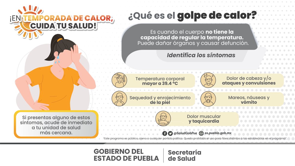 ¿Sabes cuáles son los síntomas del golpe de calor? En esta época de temperaturas altas, recuerda seguir las medidas de prevención para evitar otro tipo de complicaciones. #TemporadaDeCalor ☀️