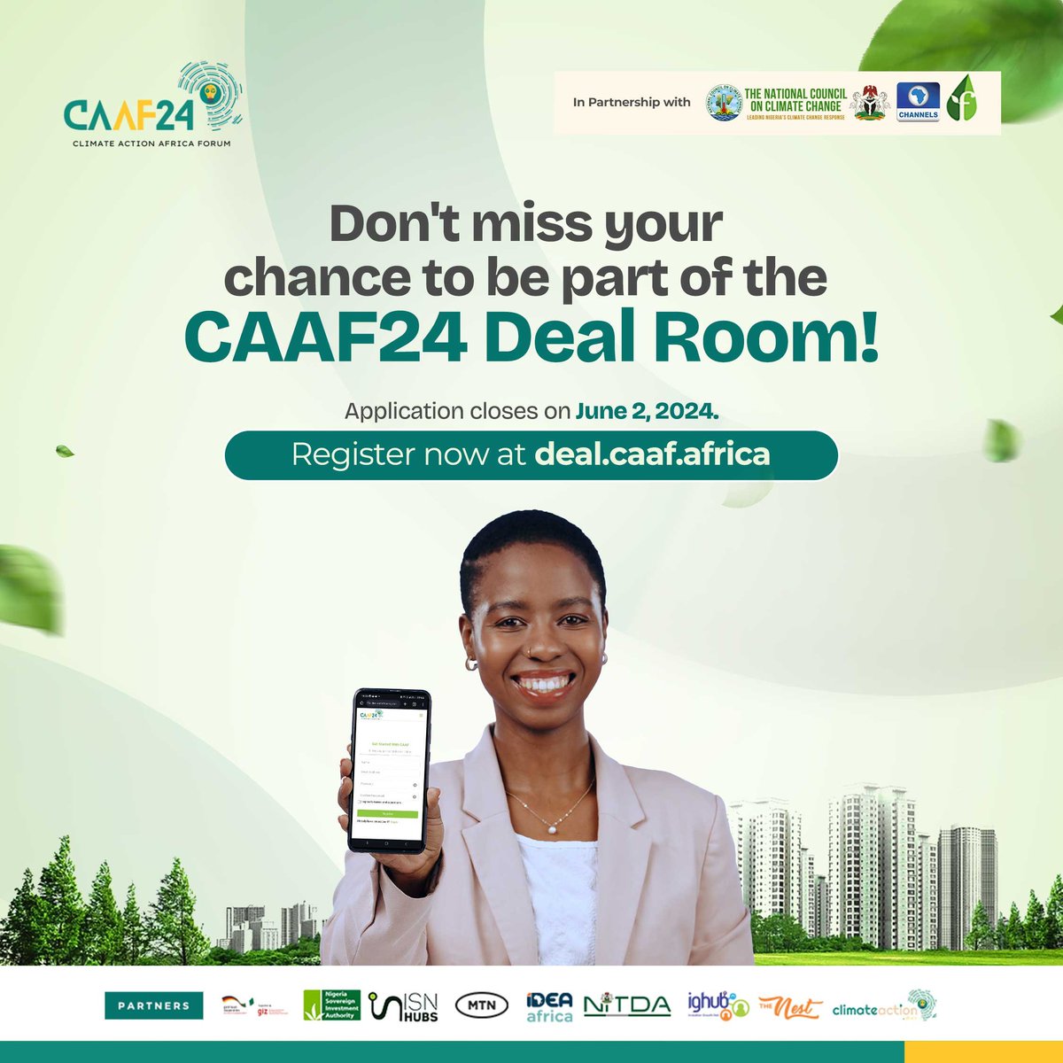 Investors await!
.
CAAF24 Deal Room application closes June 2nd. Don't miss out on presenting your climate-tech solution to top investors. 
.
Apply now: deal.caaf.africa
.
.
.

#CAAF24 #ClimateAction #GreenTech 
#ApplyNow #DontMissOut
