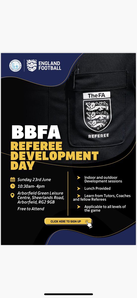 We are pleased to announce our @BerksandBucksFA Referee Development Day on Sunday 23rd June at Arborfield Green Leisure Centre. To sign up to this free event, please follow the link below forms.office.com/e/PAxyBmkGuY