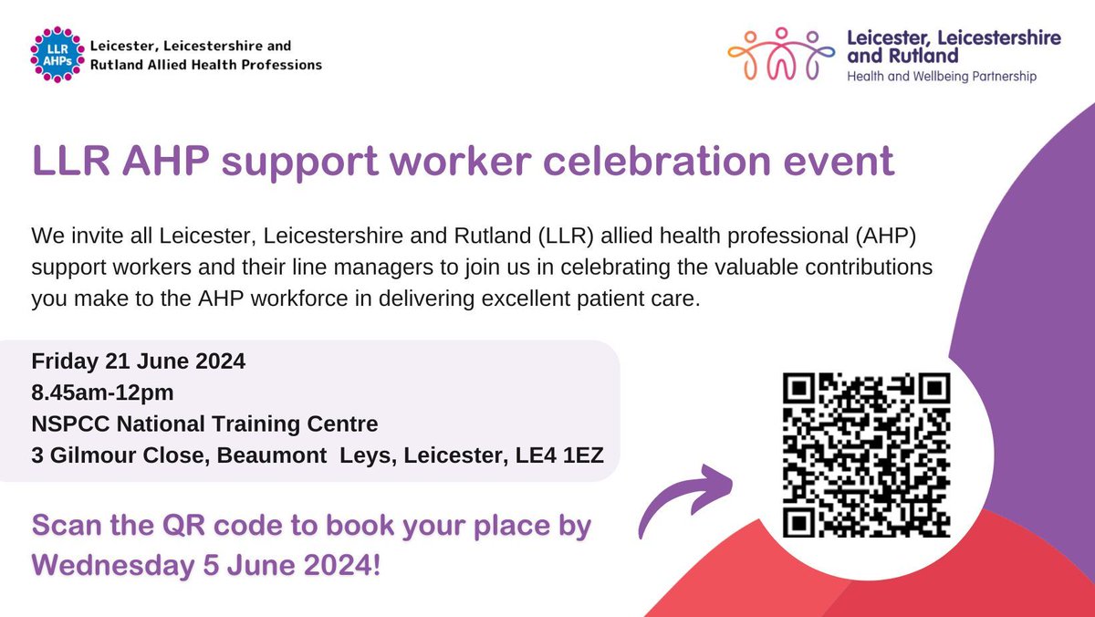 We're inviting all Leicester, Leicestershire and Rutland allied health professional support workers to join us in celebrating the valuable contributions you make to patient care on Friday 21 June, 8.45am-12pm at NSPCC.

Click the link to find out more: bit.ly/LLRAHPEvent2024