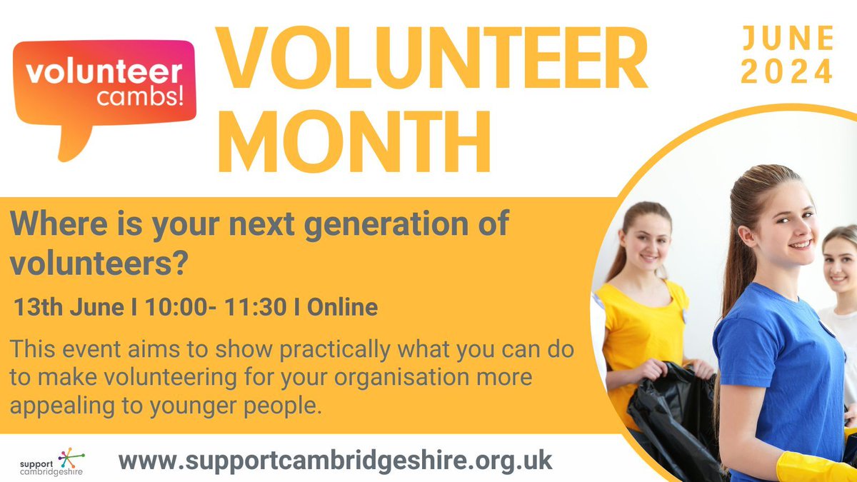 Where are your next generation of volunteers? 

13th June 10:00 – 11:30 

Link to book: buff.ly/4avNRdi 

Link for more info : buff.ly/3UMiTrL 

#Community #VolunteerEngagement #VolunteerCambs