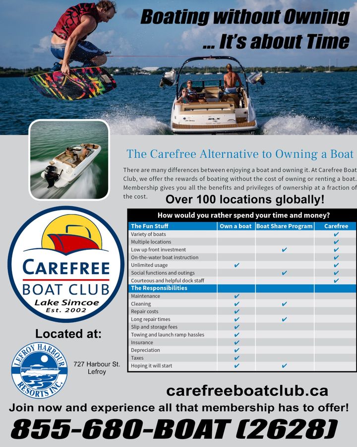 WE own the BOATS. YOU own the FUN! The BEST alternative to boat ownership.

 #carefreeboatclub #boatclub #lakesimcoeboating #boatingontario #torontoboating #boatlife #boatingsafety #boattraining