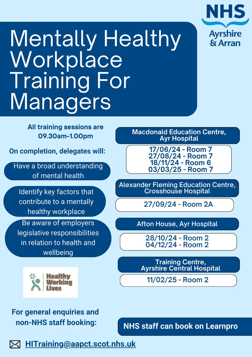 Free training available to anyone who has line management responsibility in public, private and third sector organisations within Ayrshire and Arran. Spaces limited to two per workplace, per course. To book Email - HITraining@aapct.scot.nhs.uk