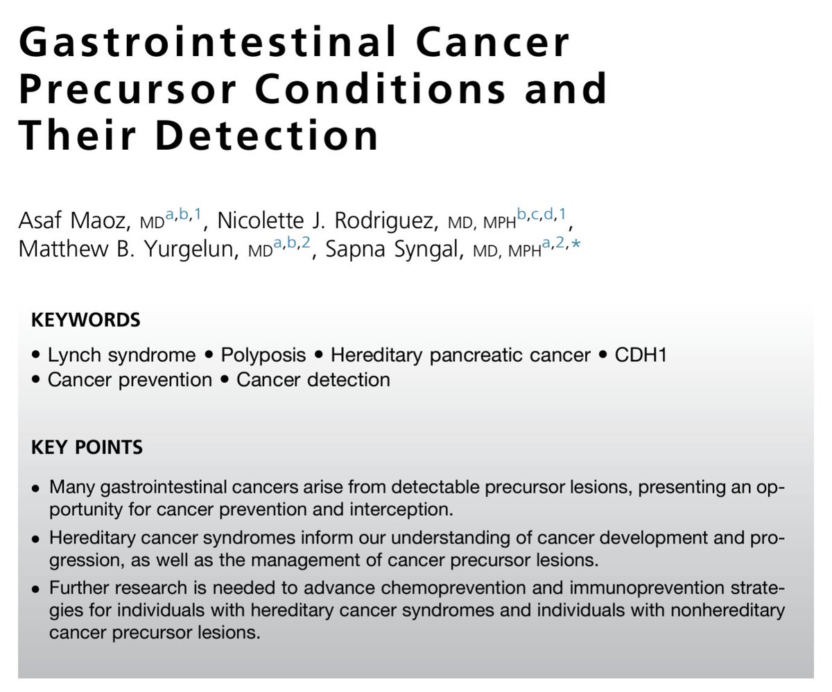 🚨New pub alert @asaf_maoz @MattYurgelun @SapnaSyngal GI Cancer Precursor Conditions & Their Detection 🔑Many GI cancer arise from precursor conditions ⭐️This presents an opportunity for early cancer prevention & interception sciencedirect.com/science/articl… @DFCIPopSci @Aiims1742