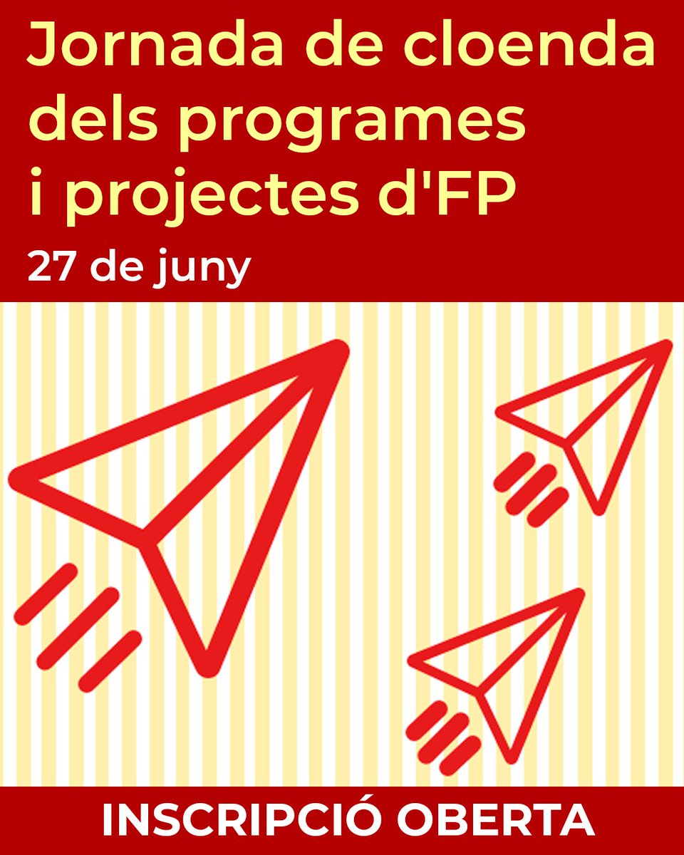 S'ha obert la inscripció per a la Jornada de cloenda dels programes i projectes d'FP. Serà una bona ocasió de fer balanç i compartir les experiències d'aquest curs. Veniu a Girona? 📅 Inscripció: fins al 26 de juny (aforament limitat) 🔗 xtec.gencat.cat/ca/agenda/Insc… #AlsCentres