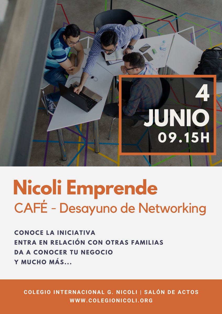 Con ya casi 20 empresas en la red "Nicoli Emprende" os invitamos el 4 de junio a las 09.15h a un desayuno-networking en el colegio. 
El objetivo es que todos podamos conocer las diferentes iniciativas empresariales que están dentro de la red y ponernos en contacto
¡Os esperamos!