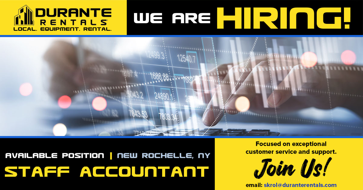 We are growing! Focused on exceptional customer service and support, Durante Rentals is currently seeking a Staff Accountant to join our team at our New Rochelle headquarters. Interested in this role? Visit duranterentals.com/careers-2/ or email skrol@duranterentals.com for more info.
