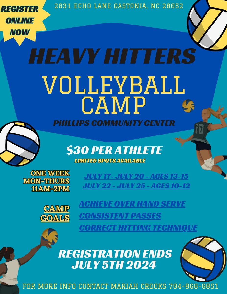 🏐Who's ready for volleyball camp? Registration is now open through July 5 with limited slots available. See the flyer for more details and visit our website to register at this link: loom.ly/F8SndSI #GreatPlace #GreatPeople #GreatPromise