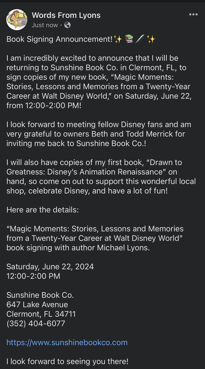 wordsfromlyons's tweet image. Excited to announce a book signing for #MagicMomentsBook at @sunshinebookco ! June 22! sunshinebookco.com