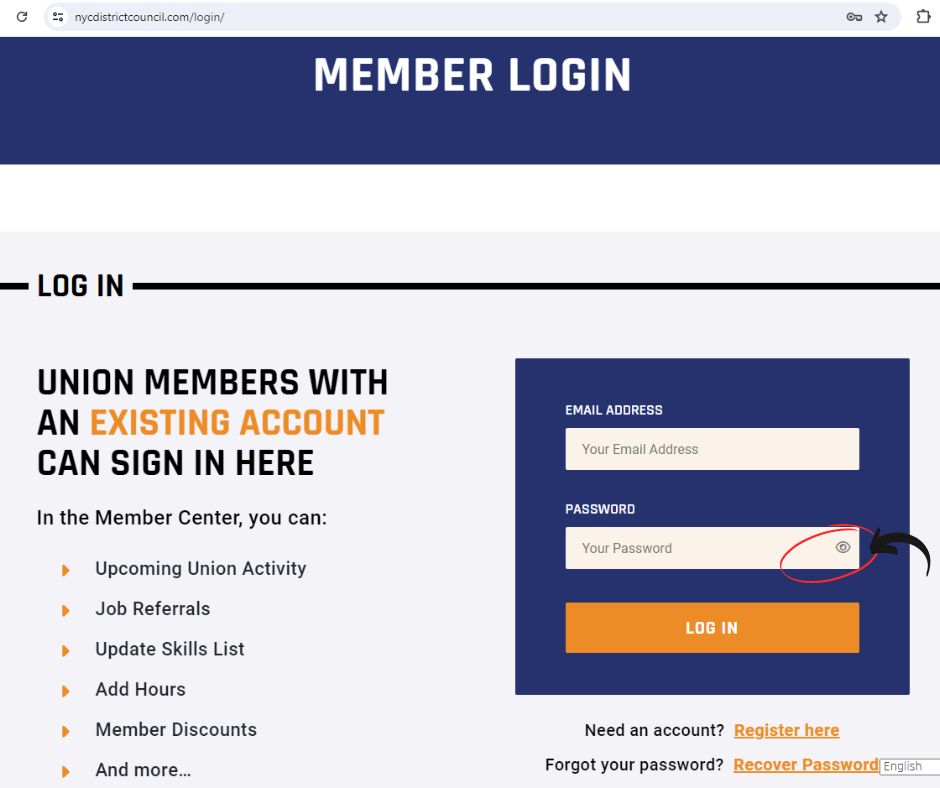 CarpentersNyc's tweet photo. Attn members: You can now see your password when logging into the District Council website! Make sure you click the "eye" icon to see your PW if you have trouble logging in. If you need to reset your PW you can hit the "Recover Password" link or call  212-366-7316. https://t.co/BGUXB90wAu