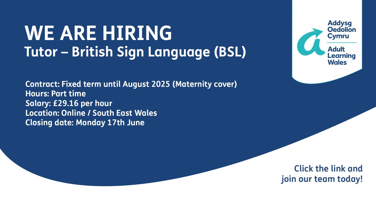 We are hiring! adultlearning.wales/en/jobs/

#adultlearningwales #jobs #job #wales #hiring #recruiting #work #tutor #teacher #bsl #britishsignlanguage #southeastwales #parttime