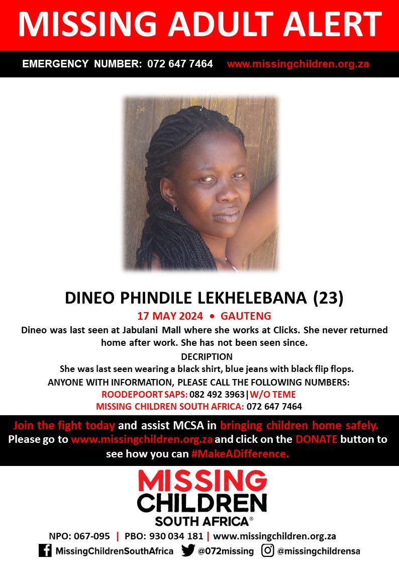 Please #HelpFindDineo 

She was last seen at Jabulani Mall. 

If you have any details, please contact the nearest SAPS or the family using the numbers on the flyer.