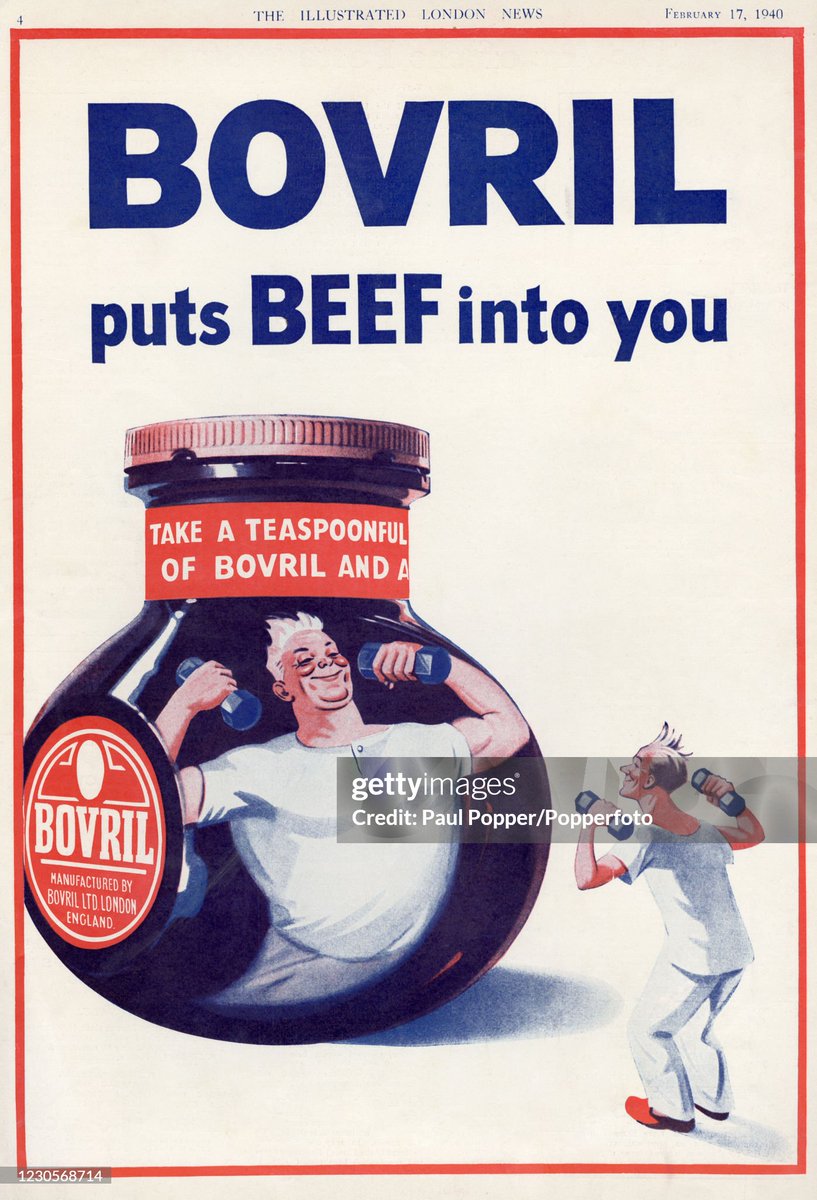 A vintage illustration advertising Bovril meat extract, featuring a man increasing his strength using hand weights and Bovril, published in The Illustrated London News (1940)