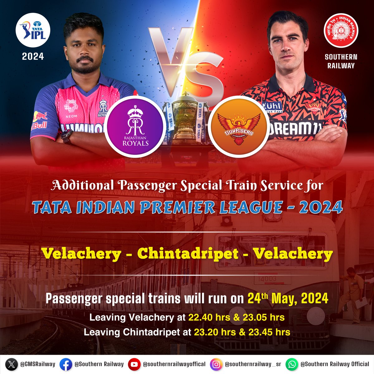 #SpecialTrain service for #TATAIPL fans! Now you can easily commute between #Velachery and #Chintadripet after the match on 24th May 2024. (Departs Velachery: 10.40 PM & 11.05 PM | Departs Chintadripet: 11.20 PM & 11.45 PM) #IPL2024 #Cricket #T20 #IPLUpdate
