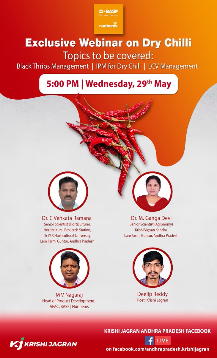 Explore the Black Thrips Management | IPM for Dry Chilli | LCV Management at the 'Exclusive Dry Chilli Webinar' hosted by Krishi Jagran. Don't miss the opportunity to join our knowledge session featuring Dr. C Venkata Ramna, Dr. M. Ganga Devi and MV Nagaraj (Head of Product