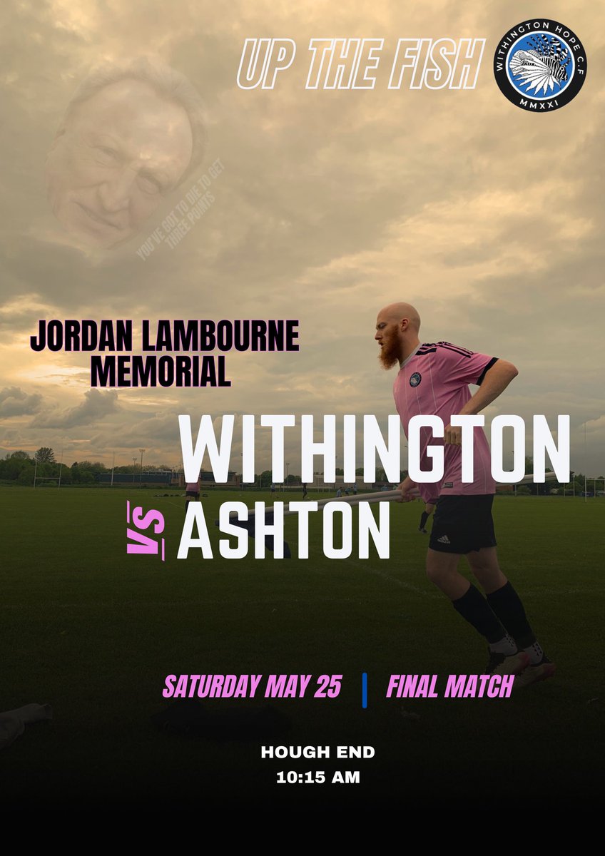 ⚫️ 𝗟𝗘𝗔𝗚𝗨𝗘 𝗙𝗜𝗫𝗧𝗨𝗥𝗘 🔵

🤝 Ashton
🏟 Hough End
📆 Saturday 25th May 
⏱️ 10:15 KO

𝑻𝒉𝒆 𝑭𝒊𝒔𝒉 pay tribute to Jordan Lambourne in our final game of the season who used up one of his nine lives in the last fixture where he checked out in the 77th minute. 

#COYF 🐠