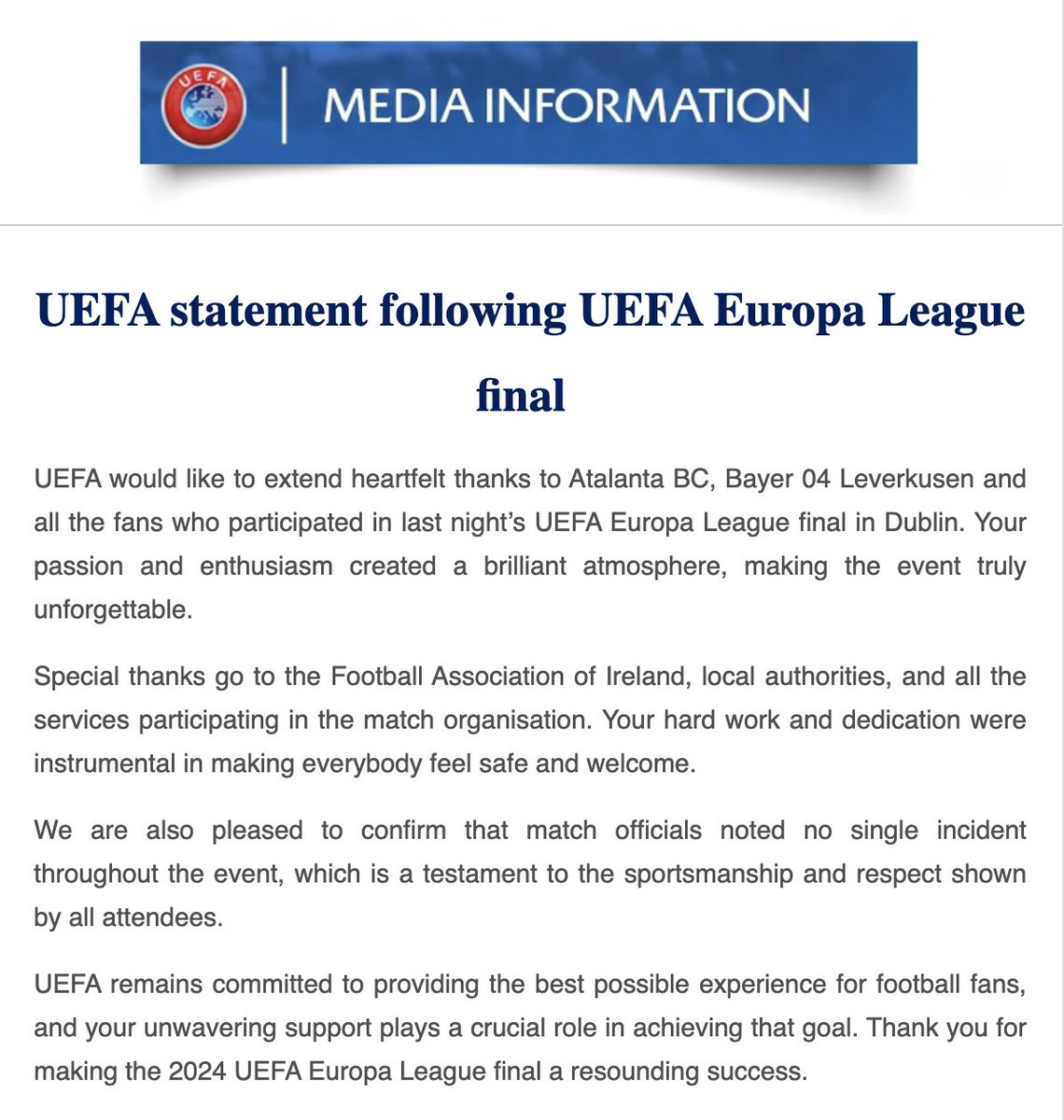 It's fair to say that UEFA were impressed with all aspects of last night's Europa League final in Dublin.

That bodes well ahead of Euro 2028, where the Aviva will play a sizeable role. #UELfinal