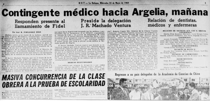 Hace 61 años comenzó con #Argelia una obra de infinito amor de los cubanos para el mundo. La partida a ese hermano país de una brigada médica fue inicio de nuestra colaboración médica en el exterior. Desde entonces 'médicos y no bombas' es lo que #Cuba ha llevado por el mundo.