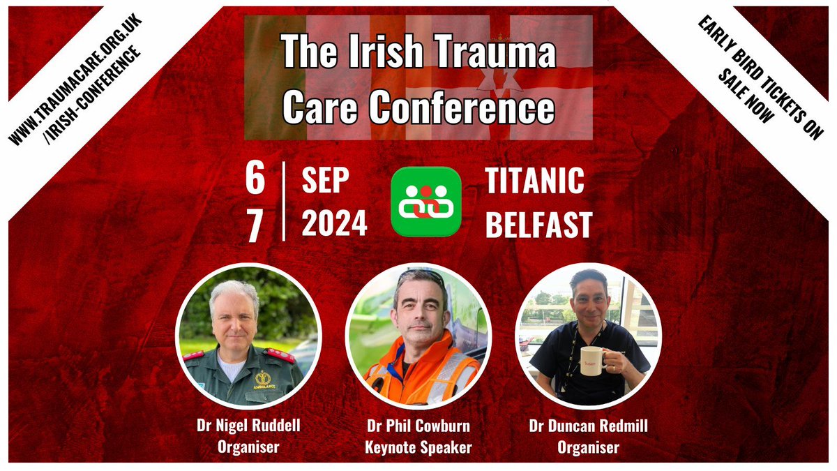 🇮🇪 On 6th & 7th September 2024, Trauma Care is hosting our inaugural Irish Conference, at the iconic Titanic Belfast 🇬🇧 

🚨 EARLY BIRD TICKETS AVAILABLE NOW 🚨 
traumacare.org.uk/irish-conferen… 

The brilliant @NigelRuddell & @duncan_redmill have curated a fantastic two days for you!