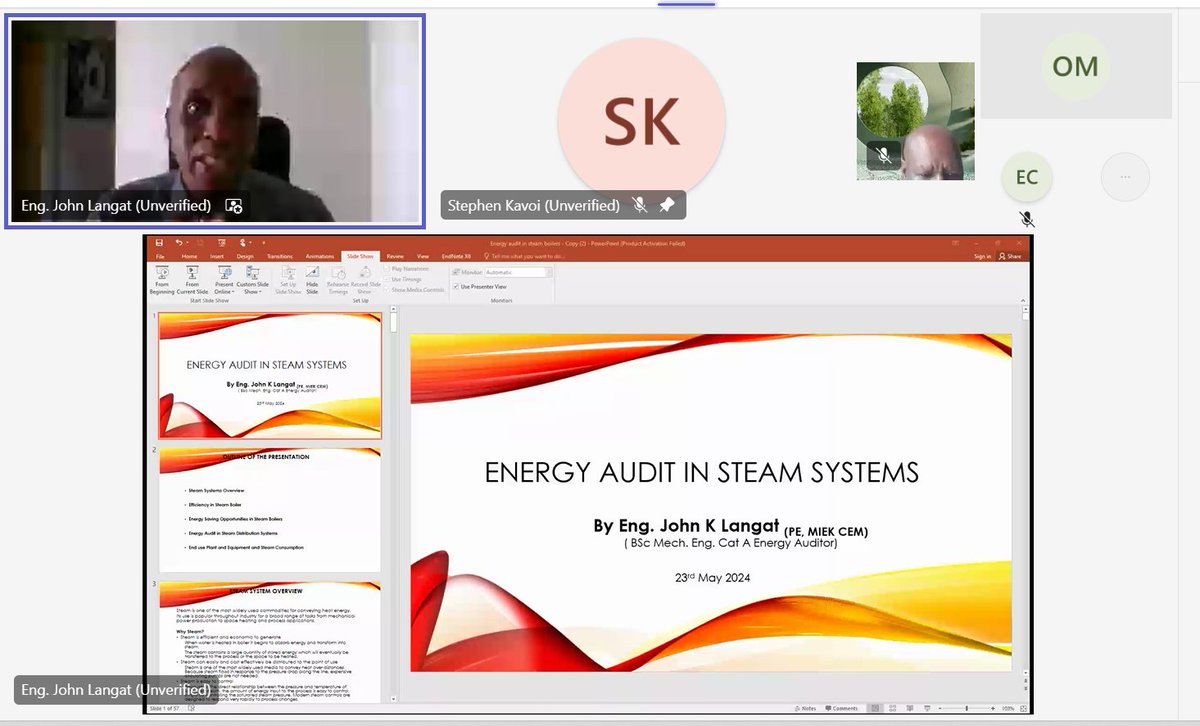 Currently on-going is a virtual capacity-building seminar for energy efficiency practitioners to discuss the process of auditing steam systems. Today’s session is facilitated by Eng. John K. Langat, a seasoned Energy Auditor. Join the live conversation through