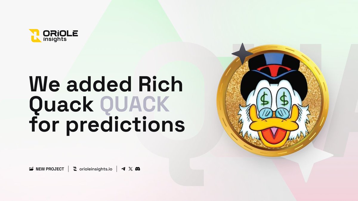 🟡@RichQuack $QUACK has been listed on @OrioleInsights for price movement predictions! Share your insights on the $QUACK price movement. Will the price go up or down? 👉 app.orioleinsights.io/projects/rich-… 📜 About Rich Quack Rich Quack is another hyper-deflationary Binance Smart Chain