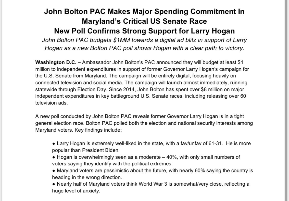 Inbox: @AmbJohnBolton endorses former MD Gov. Larry Hogan for Senate and his PAC commits $1 million in digital ad spending