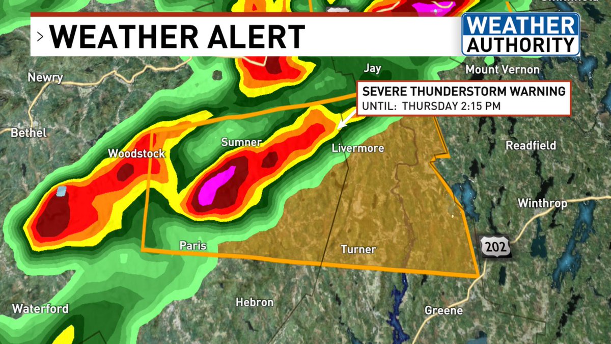 A Severe Thunderstorm Warning is in effect for parts of Androscoggin, Oxford County until 5/23 2:15PM
