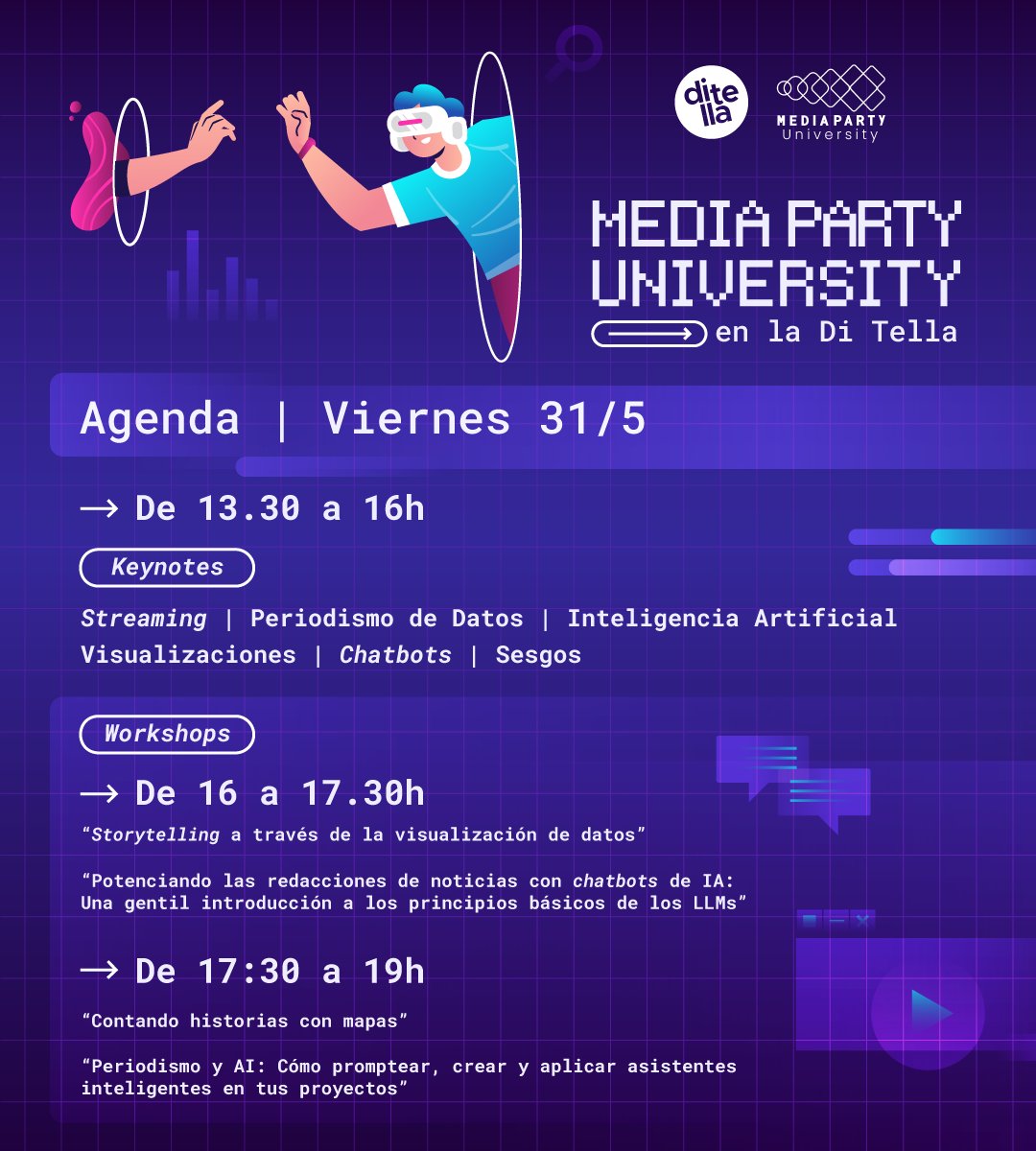 El 31/5 celebramos la Media Party University en @utditella. Habrá charlas sobre periodismo, tecnología y visualización de datos con grossxs de la industria y workshops abiertos para estudiantes universitarios. Los re esperamos! @mediapartyorg