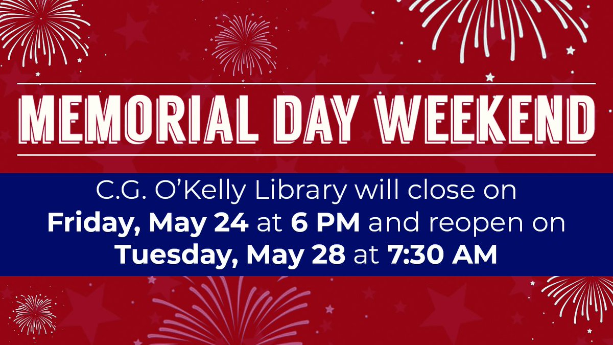 #CGOKellyLibrary will close on Friday, May 24 at 6 PM and reopen on Tuesday, May 28 at 7:30 AM for #MemorialDay observance.  

Enjoy your weekend! #WSSU #WinstonSalemStateUniversity