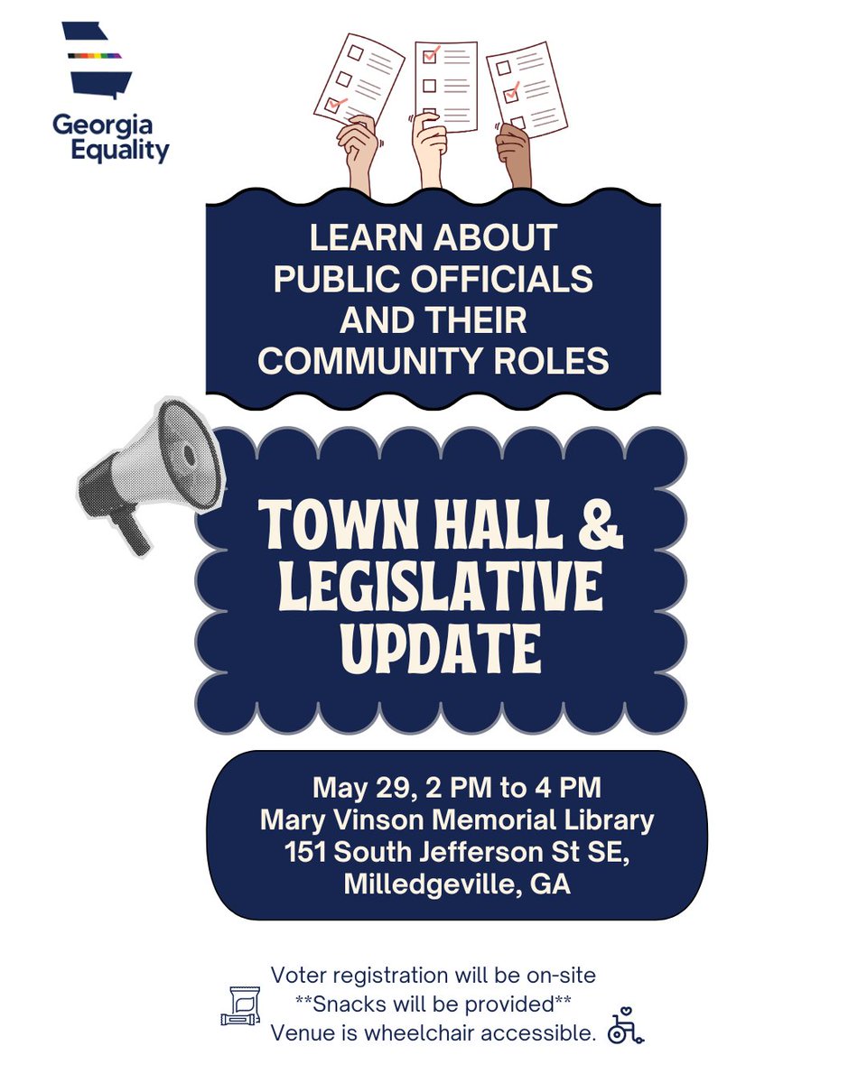 Milledgeville-area folks: we're coming to you! Join Georgia Equality for a townhall and legislative update next Wednesday, May 29.

We’ll be discussing legislation that affects your area and community before the upcoming election. We hope to see you there!