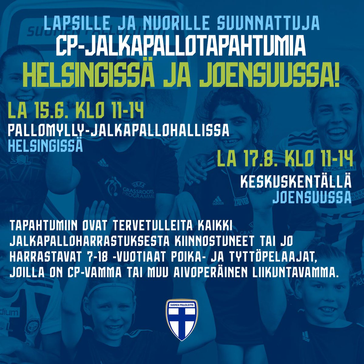 Palloliitto's tweet photo. Palloliitto ja Suomen Vammaisjalkapallo ry järjestävät jälleen kesällä 2024 lapsille ja nuorille suunnattuja CP-jalkapallotapahtumia. Tällä kertaa paikkoina ovat Helsinki ja Joensuu. ⤵️
https://t.co/e1IVqbCID2

#cpjalkapallo @fincpmj https://t.co/Bglha6jVPY