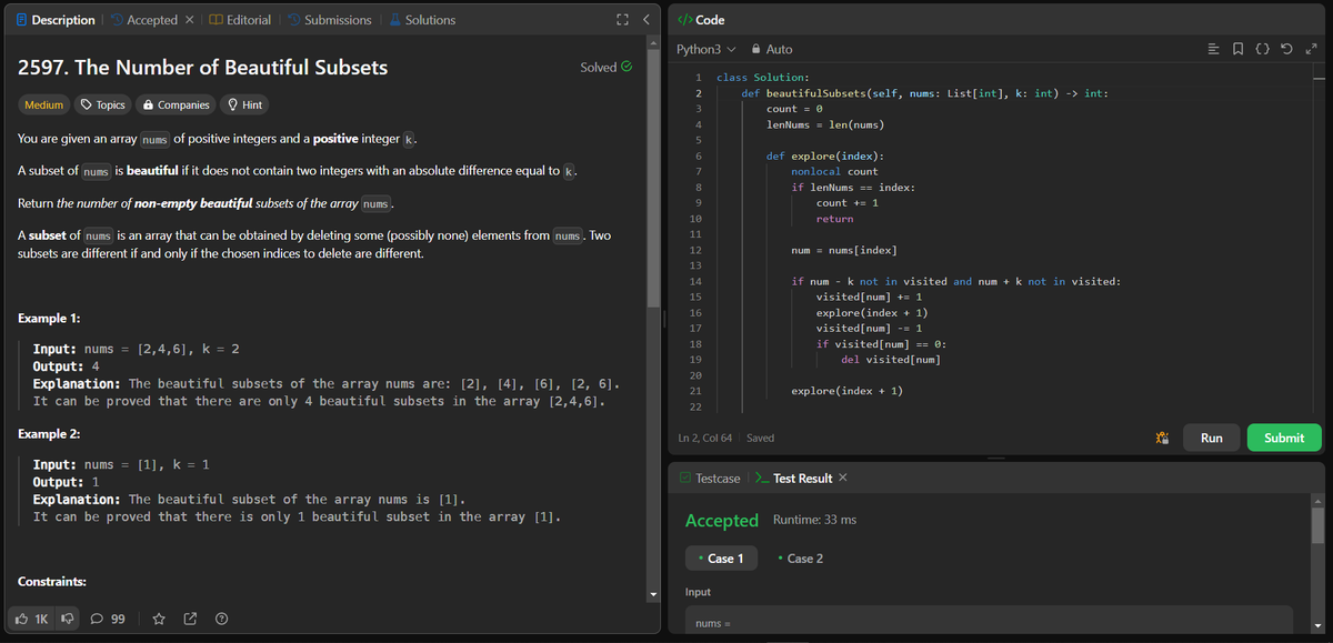 akhand_4795's tweet photo. 🌟Day of 55 my '60 Day DSA Challenge' complete!
Today's challenges tackled on LeetCode:💡🚀

1. Problem No. 2597 - The Number of Beautiful Subsets
2. Problem No. 475 - Heaters

#60DayDSAChallenge #Python #LeetCode #DataStructures #Algorithms #ProblemSolving #Progress #Day55 https://t.co/QdzhhF1wfS