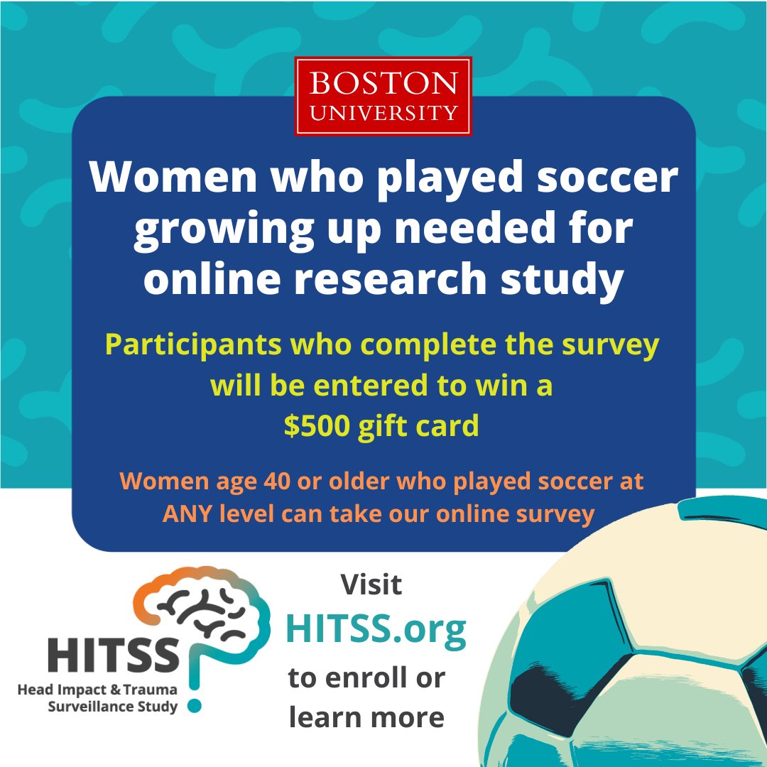 The BU CTE Center is urgently looking for women age 40+ who played soccer at ANY level to take an online survey at HITSS.org. Results will provide a better understanding of later-life brain health risks in contact sports & will help close the gender gap in research