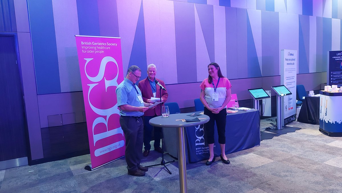 Our editorial manager, Katy Ladbrook, presents @RowanHarwood with his leaving gift, 'from all your friends at @Age_and_Ageing' #BGSconf
