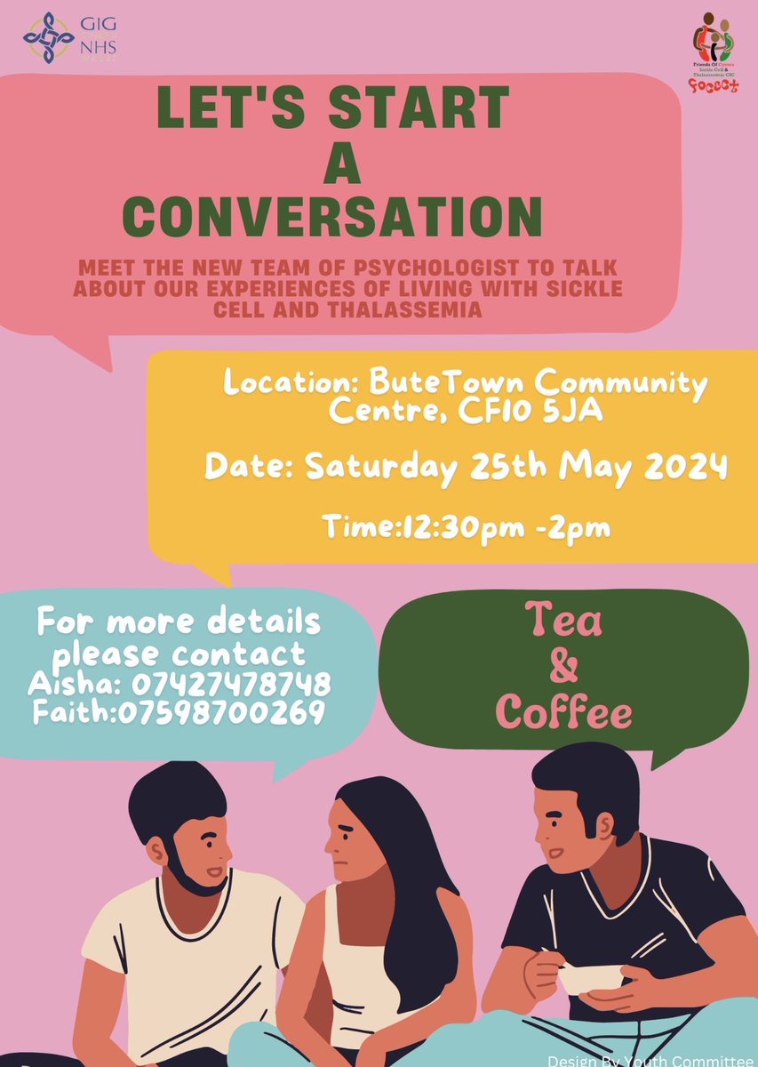 Friends of Cymru Sickle Cell and Thalassaemia (@focsctcymru) on Twitter photo Let’s start a conversation about Sickle Cell and Thalassemia
This Saturday at Butetown Community Centre
Everyone is welcome 🤗 We can’t wait to see you all soon 😊💕
<a href="/CV_UHB/">Cardiff and Vale University Health Board</a> <a href="/TNLComFundWales/">The National Lottery Community Fund Cymru</a> <a href="/BBCCiN/">BBC Children in Need</a> <a href="/SickleCellUK/">Sickle Cell Society</a> <a href="/cscatsg/">Croydon Sickle Cell & Thalassemia Support Group</a> @noahsarkcharity Let’s start a conversation about Sickle Cell and Thalassemia
This Saturday at Butetown Community Centre
Everyone is welcome 🤗 We can’t wait to see you all soon 😊💕
<a href="/CV_UHB/">Cardiff and Vale University Health Board</a> <a href="/TNLComFundWales/">The National Lottery Community Fund Cymru</a> <a href="/BBCCiN/">BBC Children in Need</a> <a href="/SickleCellUK/">Sickle Cell Society</a> <a href="/cscatsg/">Croydon Sickle Cell & Thalassemia Support Group</a> @noahsarkcharity