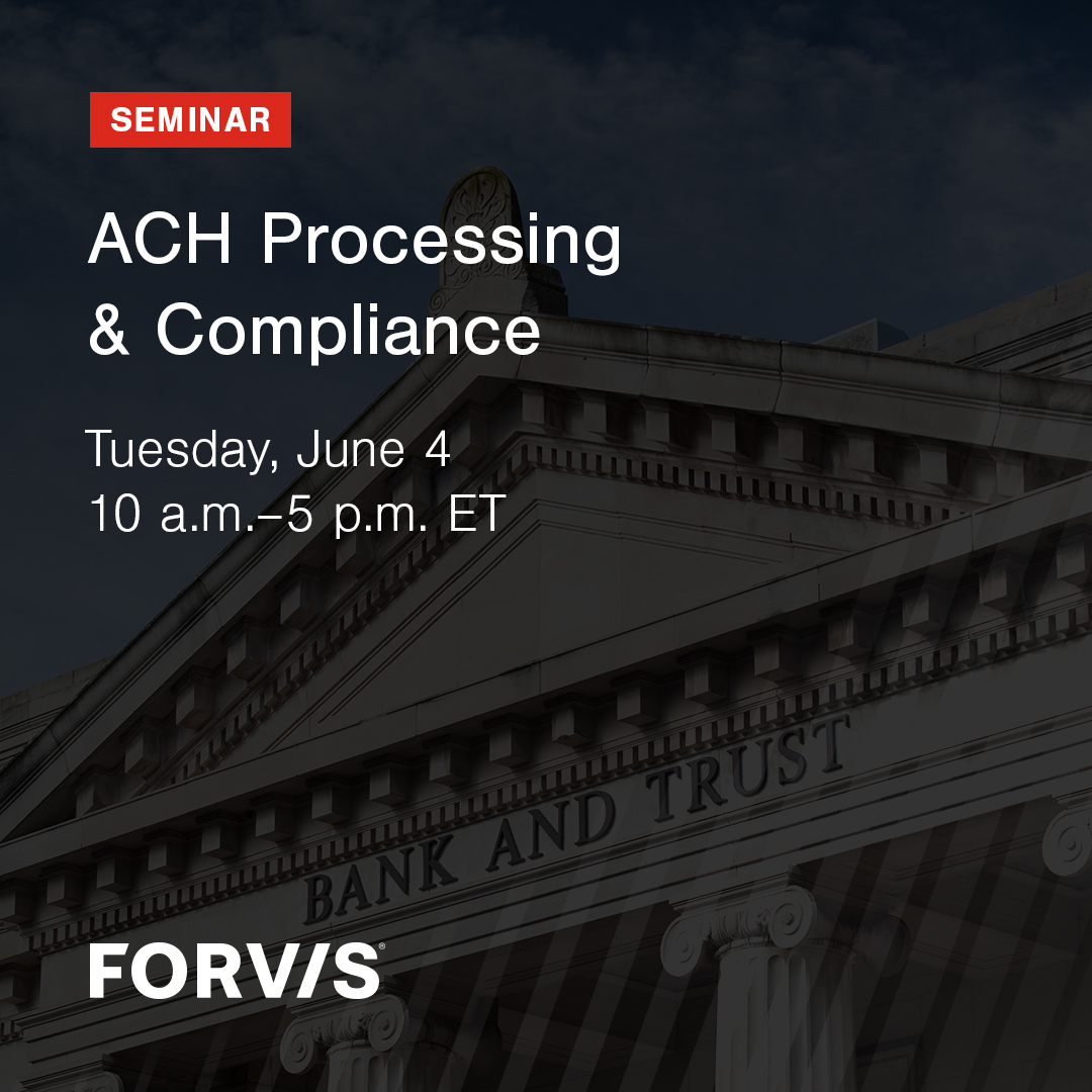 ProBankAustin's tweet photo. This full-day seminar will provide insight on the latest changes in the field of ACH processing. Sign up here for an easy-to-understand overview from ProBank Education Services @FORVIS. https://t.co/ZqrzMHMu2R https://t.co/dpGksRFCRG
