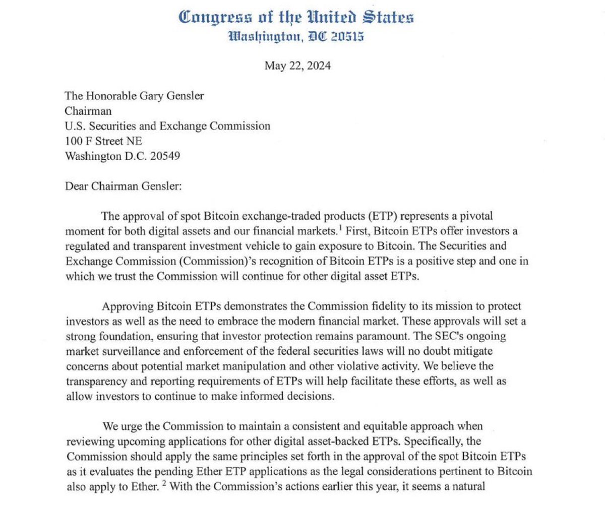💥BREAKING: 5 members of the US Congress urge Gary Gensler to accept Ethereum Spot ETFs.