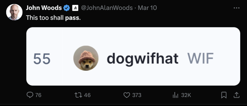 mert's tweet photo. @JohnAlanWoods a literal dog with a hat has *doubled* your economic security since you posted this

since you left Cardano (lol) for Algorand — algorand has nuked in price and cardano has somehow increased lmao

you are not very good at this

go buy a wig, you're an embarassment to bald men https://t.co/FO0iCqr6jc