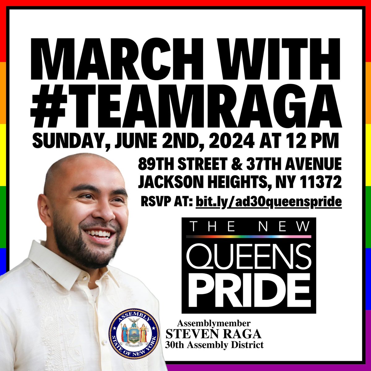 March with #TeamRaga and #AD30 at the New Queens Pride Parade! 🏳️‍🌈 🏳️‍⚧️ Join us on Sunday, June 2nd, starting at 12 PM at 89th Street & 37th Avenue. RSVP at bit.ly/ad30queenspride