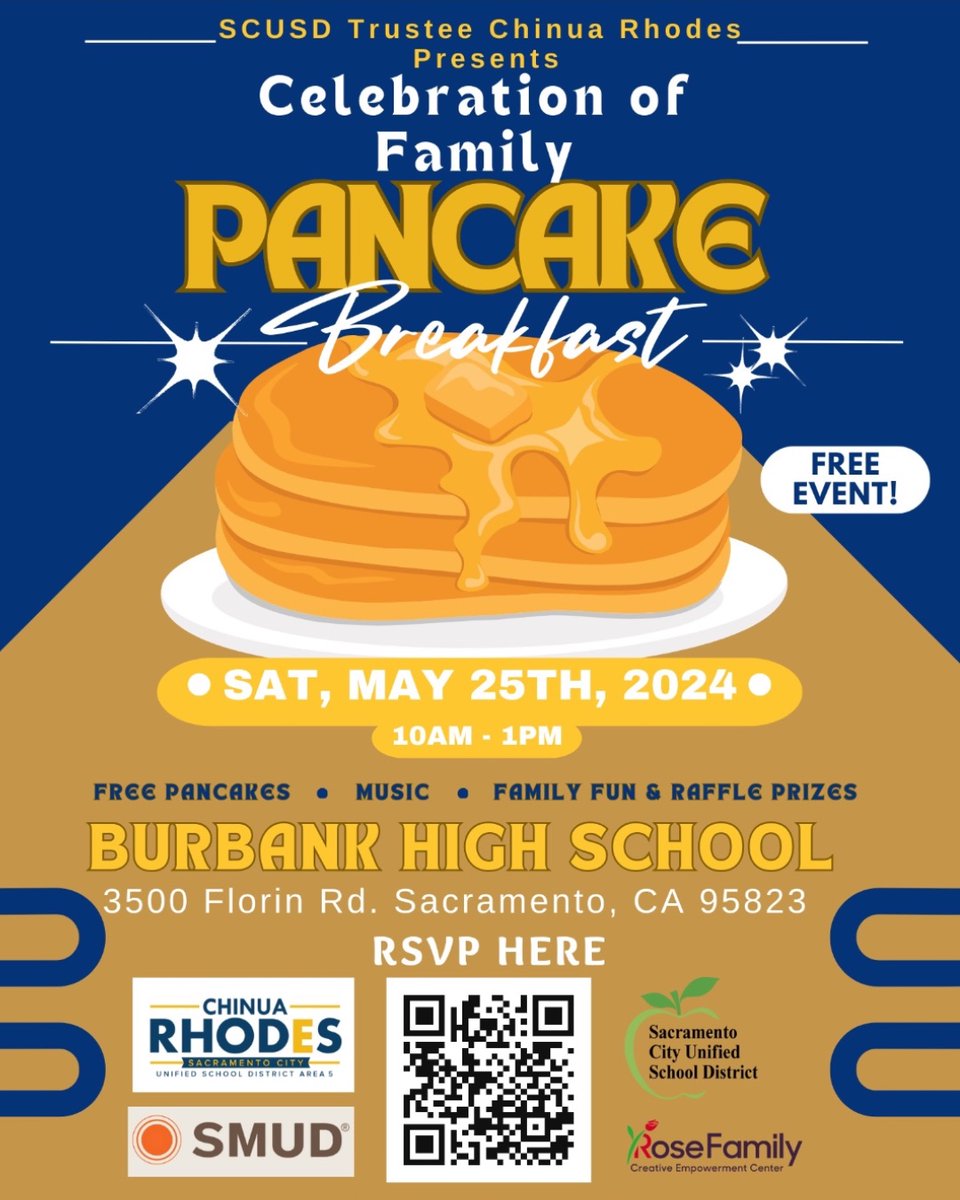 officialSCUSD's tweet photo. Celebrate family at a free pancake breakfast event this Saturday, May 25 at Luther Burbank HS (3500 Florin Rd.) from 10a-1p. 

This community gathering will include free food, fun games for all ages, raffle prizes and music to keep you moving! 

RSVP here: https://t.co/t8Y4UYOVft https://t.co/sNEnBYD3rE