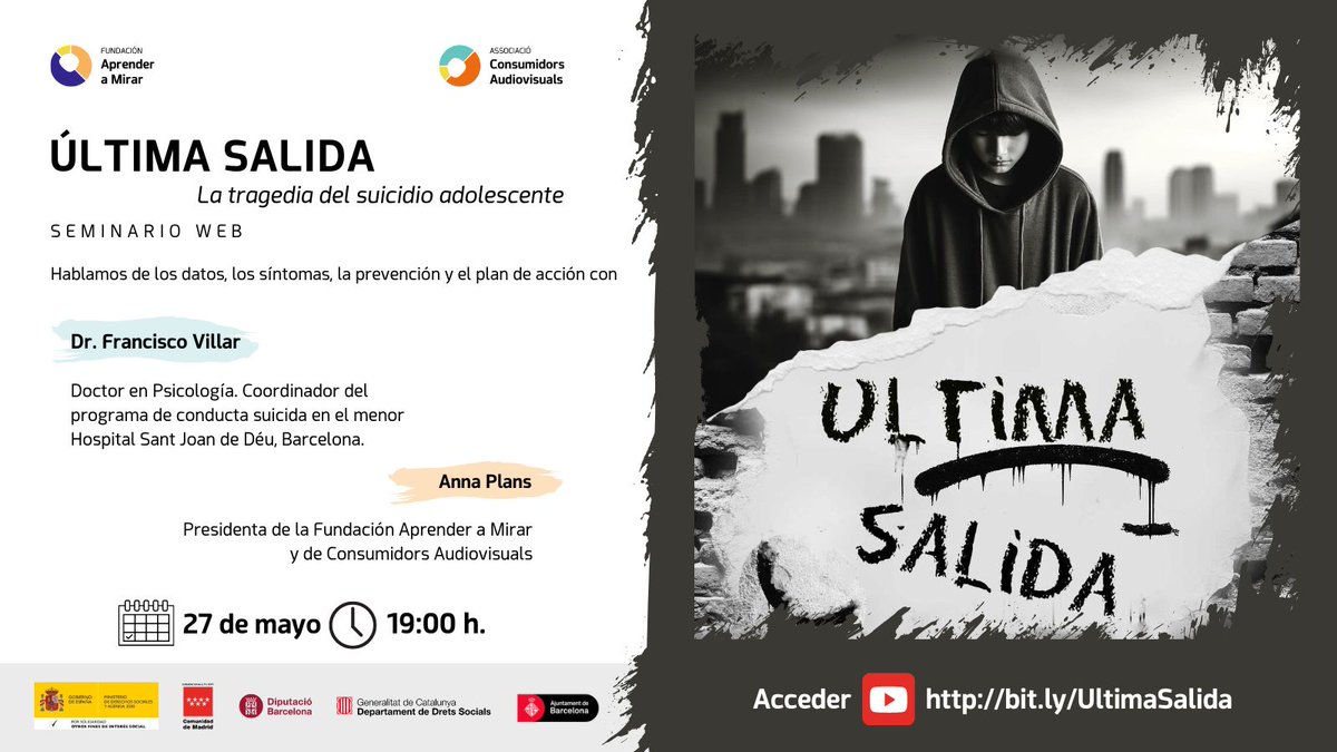 Fundación Aprender a Mirar (@aprendermirar) on Twitter photo El lunes estaremos con el Dr. Francisco Villar y Anna Plans hablando de datos, síntomas, prevención y plan de acción ante el #SuicidioAdolescente. ¡Únete a nuestro seminario web! 👉 
bit.ly/UltimaSalida El lunes estaremos con el Dr. Francisco Villar y Anna Plans hablando de datos, síntomas, prevención y plan de acción ante el #SuicidioAdolescente. ¡Únete a nuestro seminario web! 👉 
bit.ly/UltimaSalida