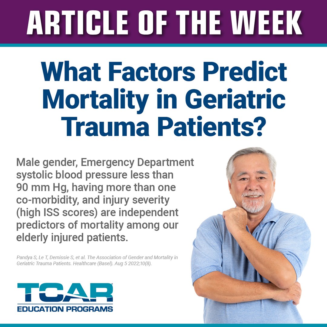 Check out the Article of the Week which discusses factors that can predict mortality in geriatric trauma patients bit.ly/geriatricmorta…
#nurses  #nursesofinstagram #emergencyroom #emergencydepartment #traumanurse #traumacare #geriatric #trauma