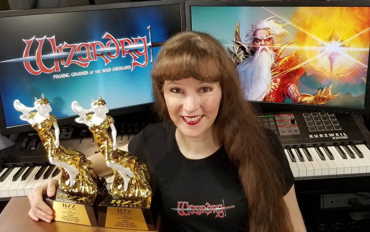 My #Wizardry soundtrack is out on Bandcamp & Spotify. IT'S FREE! GO GET IT! tinyurl.com/3uv87edz With this album, @DigitalEclipse & I are thanking #Wizardry fans for their support! The music's already won a Telly Award, & also the 2 Gold NYX Game Awards shown here. #gameaudio