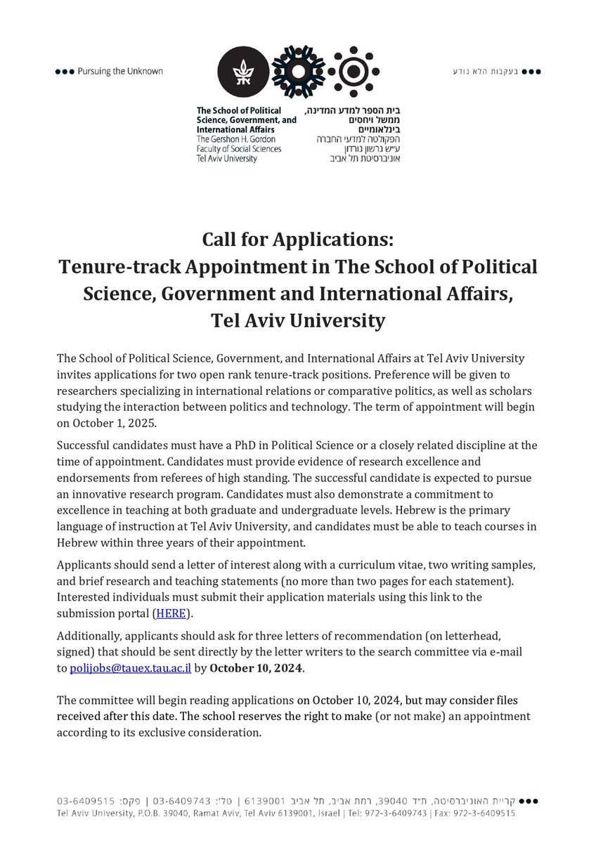 Wiser_il's tweet image. TT alart! @TAUPoliSci @TelAvivUni two open positions. Preference will be given to researchers specializing in international relations or comparative politics, as well as scholars studying the interaction between politics and technology. Apply by 10.10.24 bit.ly/3wXDBNf
