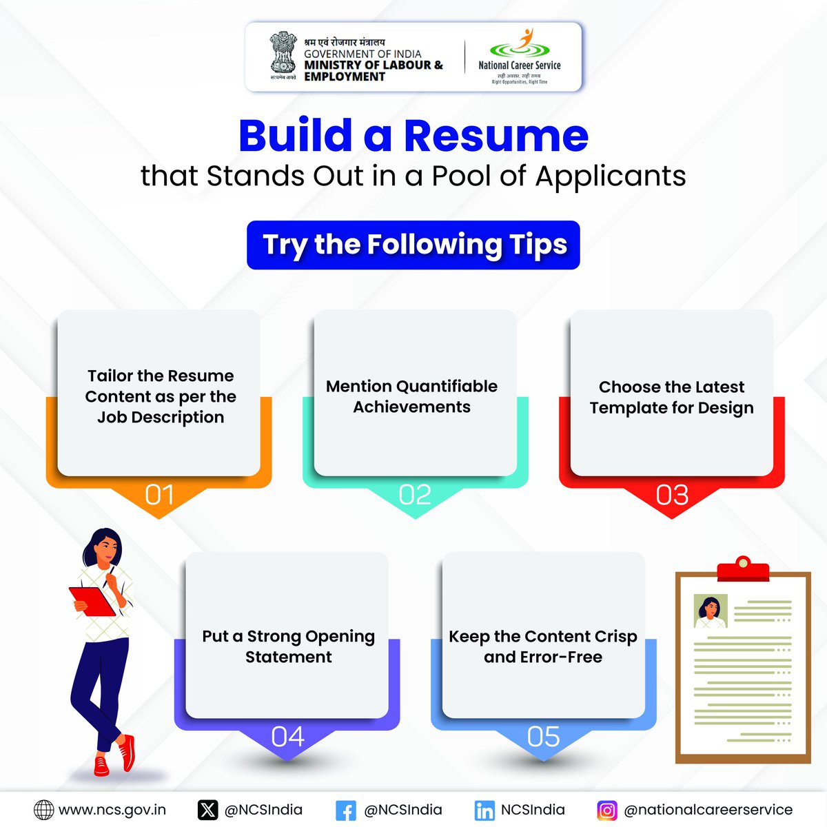 Build your resume meticulously and presentably.

Follow the above steps to keep your candidacy stand out among the top applicants. 

#NCSIndia #jobseekers #jobsearch #CareerServices #resume