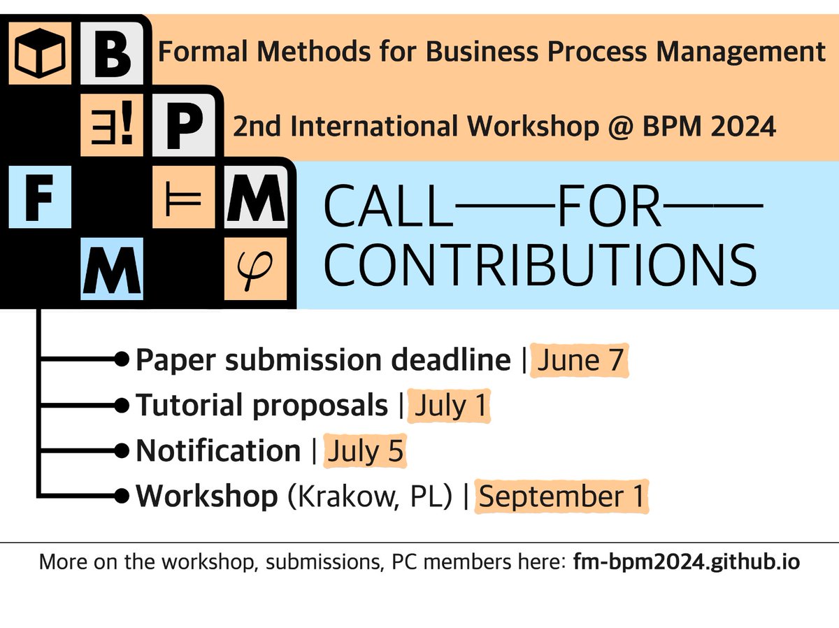 Alessandro Gianola (@alegiano93) on Twitter photo The call for papers of FM-BPM 2024 is out! And the deadlines for submissions are approaching! Website: fm-bpm2024.github.io
NEW: “spotlight” tutorials, providing an in-depth account of the topics of interest in the cfp!
See you all in Krakow, Poland! <a href="/BPMConf/">BPM Conference</a> <a href="/AndyRivkin/">Andy Rivkin</a> The call for papers of FM-BPM 2024 is out! And the deadlines for submissions are approaching! Website: fm-bpm2024.github.io
NEW: “spotlight” tutorials, providing an in-depth account of the topics of interest in the cfp!
See you all in Krakow, Poland! <a href="/BPMConf/">BPM Conference</a> <a href="/AndyRivkin/">Andy Rivkin</a>