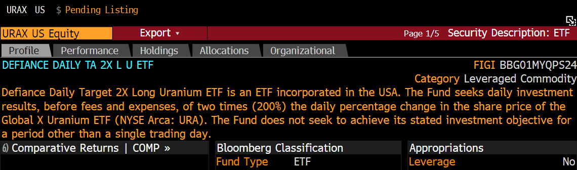 The first 2x Uranium ETF $URAX is launching tmrw (missed opp on ticker, should be $NUKE). That's how you know a category has arrived- they start launching leveraged ETFs. Uranium ETFs have $5b curr and we think they on way to $10b. Green investing for realists. h/t <a href="/Todd_Sohn/">Todd Sohn</a>