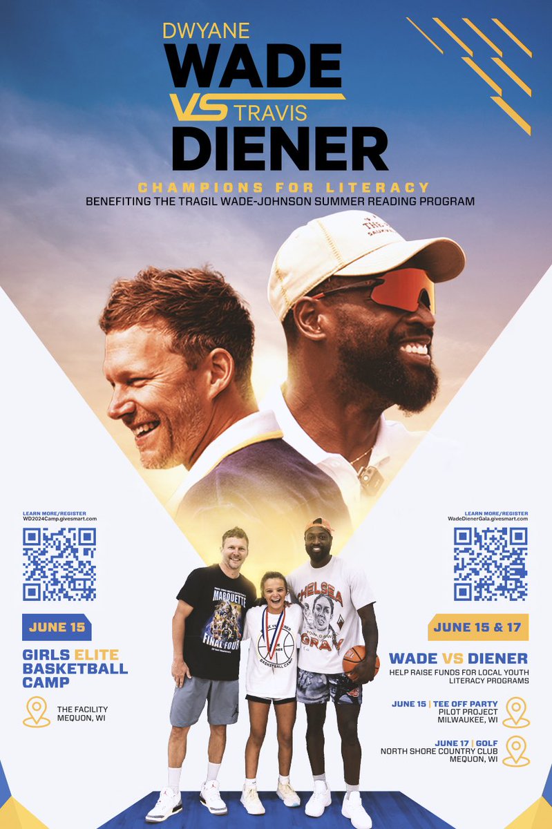 Dwyane Wade and Travis Diener are excited to host a Skills Camp for elite youth girl basketball players on June 15th at The Facility in Mequon. Registration is open to athletes entering grades 3rd - 12th for the 2024-2025 school year!
Registration: wd2024camp.givesmart.com